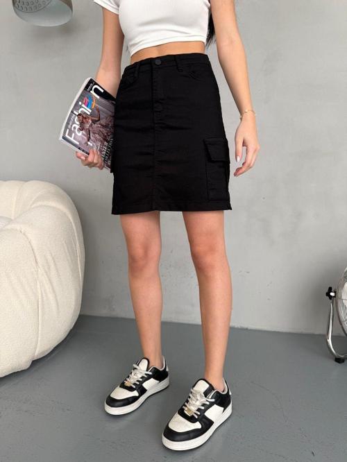 Kadın Yüksek Bel Pamuk/Likra Kargo Cepli Etek