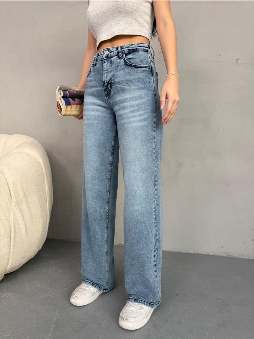 Kadın Yüksek Bel Soluk Efektli Vintage Palazzo Jeans