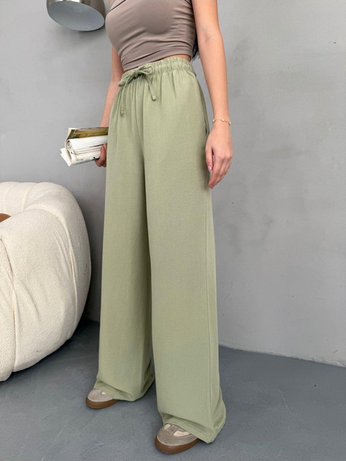 Kadın Yüksek Bel Wide Leg Beli Lastikli Keten Pantolon
