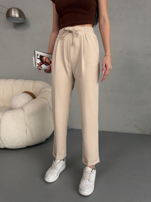 Kadın Yüksek Bel Lastikli Ve Bağcıklı Havuç Kesim Kumaş Pantolon
