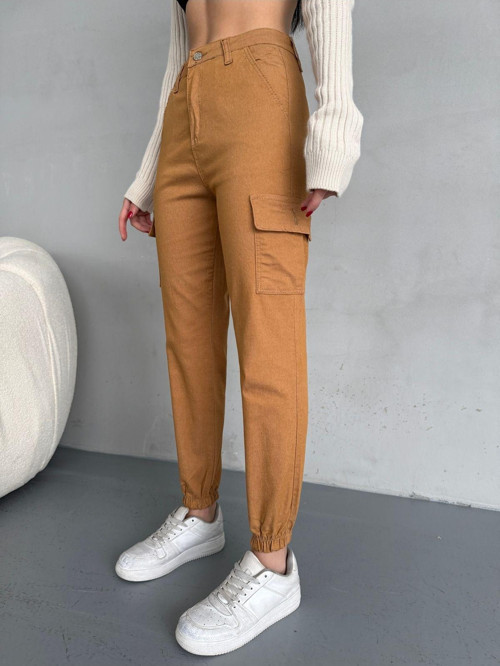 Kadın Yüksek Bel Paçası Lastikli Jogger Kargo Cep Pantolon
