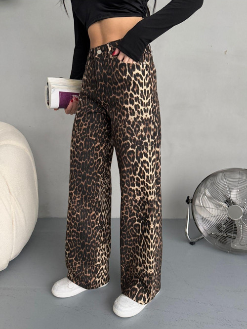 Kadın Leopar Desen Yüksek Bel Likralı Wide Leg Pantolon