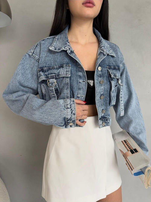 Kadın Kargo Cep Detaylı Oversize Crop Denim Ceket