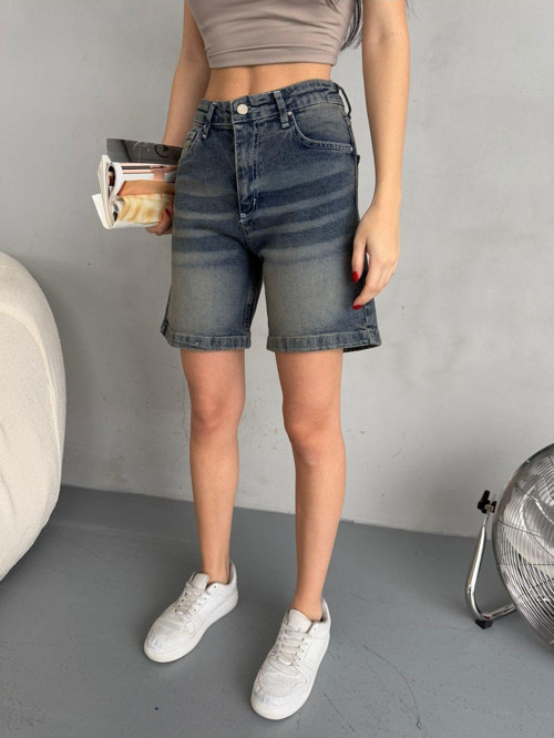 Kadın Efektli Yüksek Bel Bermuda Denim Kot Şort