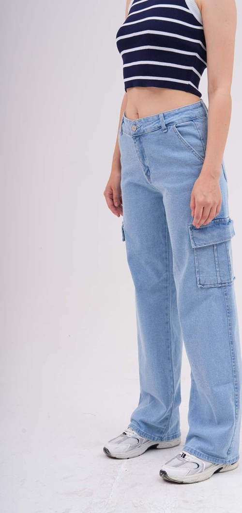 Kadın Kargo Cepli Yüksek Bel Wide Leg Jeans