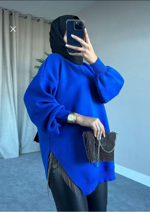Kadın Testtür Giyim Bisiklet Yaka Yırtmaç Taşlı Balon Kollu Oversize Triko Tunik Saks Mavi Standart