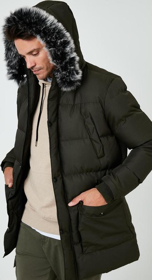 Yakası Suni Kürklü Çıkarılabilir Kapüşonlu Slim Fit Uzun Erkek Mont 5761050 HAKİ