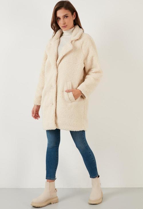 Oversize Astarlı Cepli Peluş Teddy Bayan Kaban 497TEDDY EKRU
