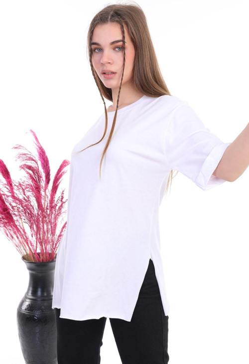 Kadın Düz Uzun Ve Yırtmaçlı Duble Kol Önü Baskısız T-Shirt Ve Tunik Beyaz S