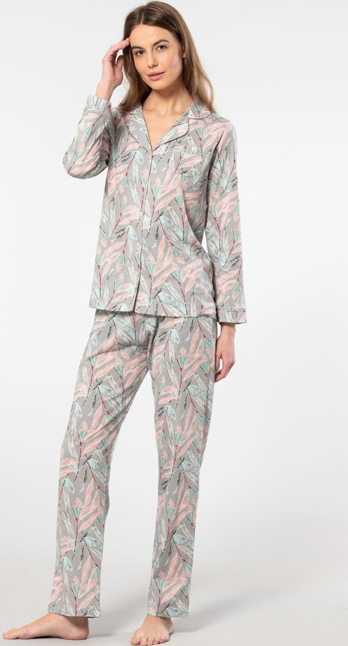 Yaprak Desenli Uzun Kollu Gömlek Yaka Pijama Takımı
