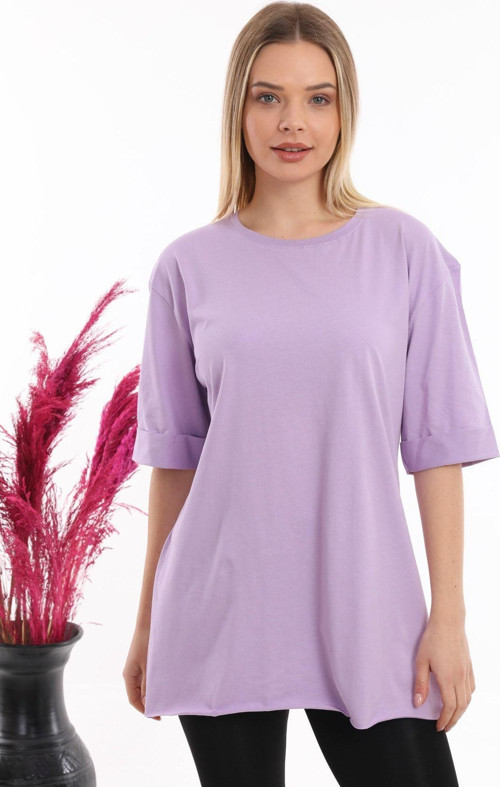 Kadın Düz Uzun Ve Yırtmaçlı Duble Kol Önü Baskısız T-Shirt Ve Tunik Lila S