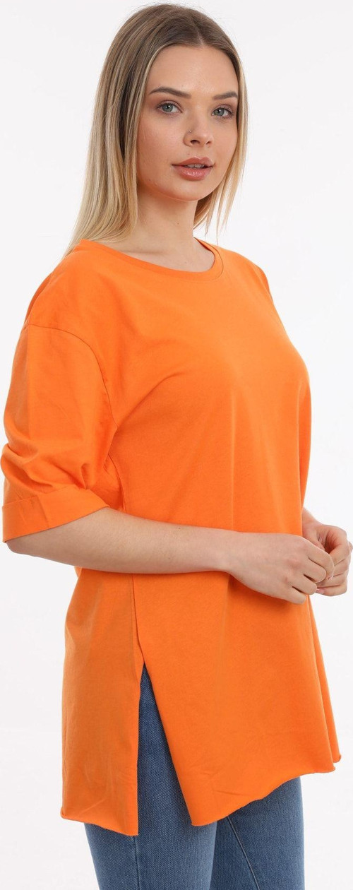 Kadın Düz Uzun Ve Yırtmaçlı Duble Kol Önü Baskısız T-Shirt Ve Tunik Turuncu S