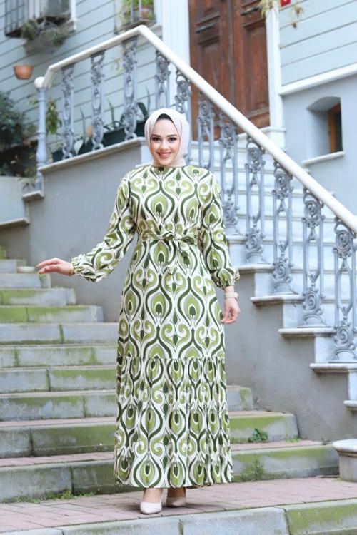 Kadın Tesettür Bel Kuşaklı Dokuma Viskon Kumaş Etnik Renkli Ve Desenli Elbise Yeşil 38