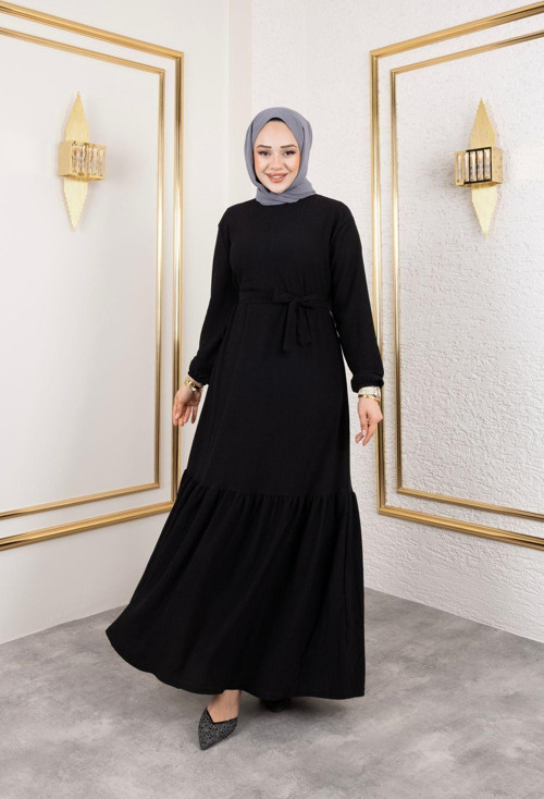 Kadın Belden Kuşaklı Ve Bisiklet Yaka Bürümcük Kumaş Elbise Siyah XL-2XL