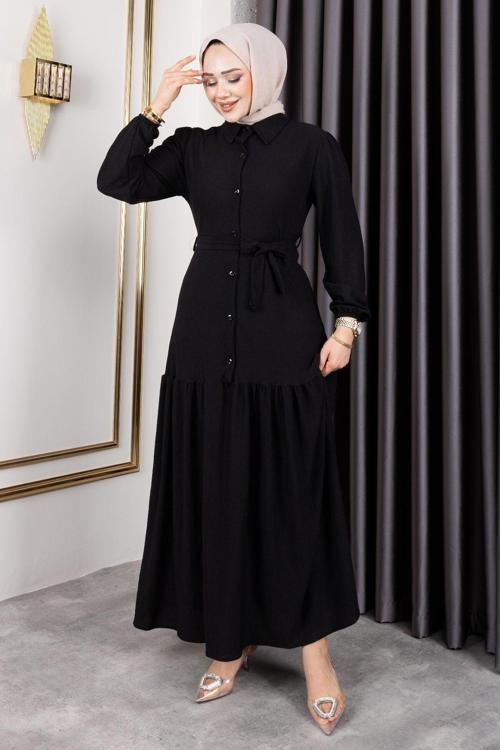 Kadın Belden Kuşaklı Ve Bisiklet Yaka Ve Önü Düğmeli Bürümcük Kumaş Elbise Siyah L-XL