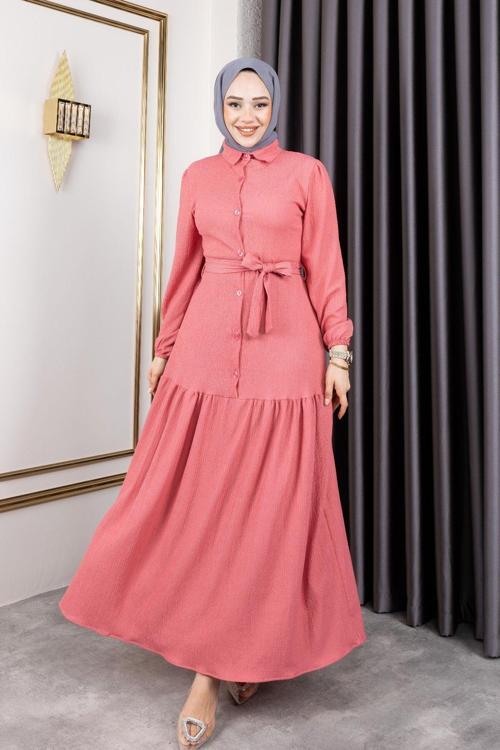 Kadın Belden Kuşaklı Ve Bisiklet Yaka Ve Önü Düğmeli Bürümcük Kumaş Elbise Gül S-M