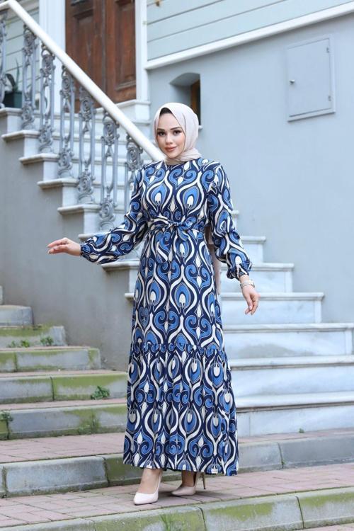 Kadın Tesettür Bel Kuşaklı Dokuma Viskon Kumaş Şık Renkli Ve Desenli Elbise Mavi 38