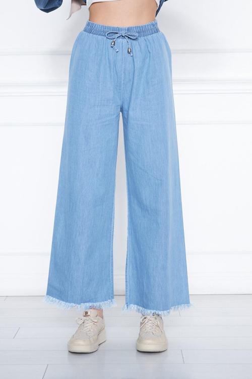 Kadın Mavi Yazlık Paçası Püsküllü Ve Önü Bağcıklı Şık Trend Yıkamalı Salaş Kot Pantalon Mavi XL