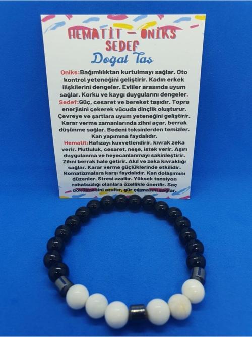 Sertifikalı Hematit Oniks Sedef Taşı Tasarım Bileklik