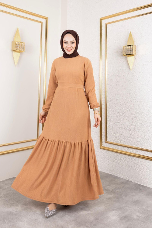 Kadın Belden Kuşaklı Ve Bisiklet Yaka Bürümcük Kumaş Elbise Bej L-XL