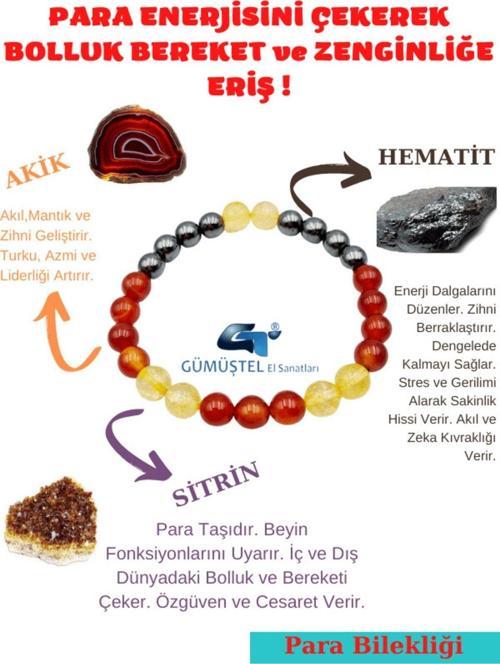 Sertifikalı Para Bereket Ve Zenginlik Doğal Taş Tılsım Bilekliği Akik-hematit-sitrin Taşı Doğaltaş