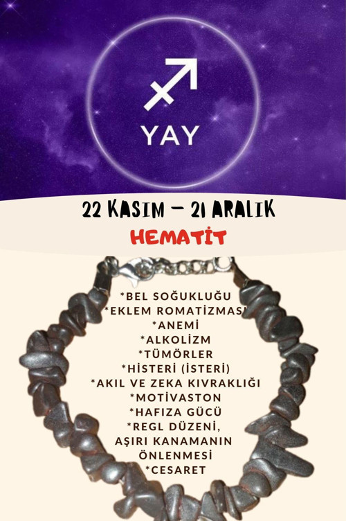 Sertifikalı Burç Taşı Yay Burcu Hematit Taşı Bileklik