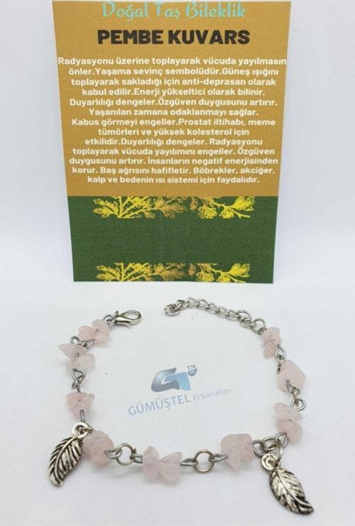 Sertifikalı Pembe Kuvars Taşı Bileklik Orijinal Doğal Taş Tasarım Bileklik