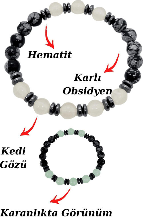Sertifikalı Karlı Obsidyen Kedi Gözü Hematit Doğal Taş Bileklik Karanlıkta Işık Saçar