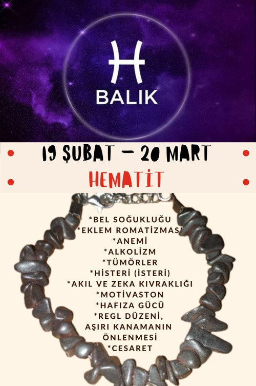 Sertifikalı Burç Taşı Balık Burcu Hematit Taşı Bileklik