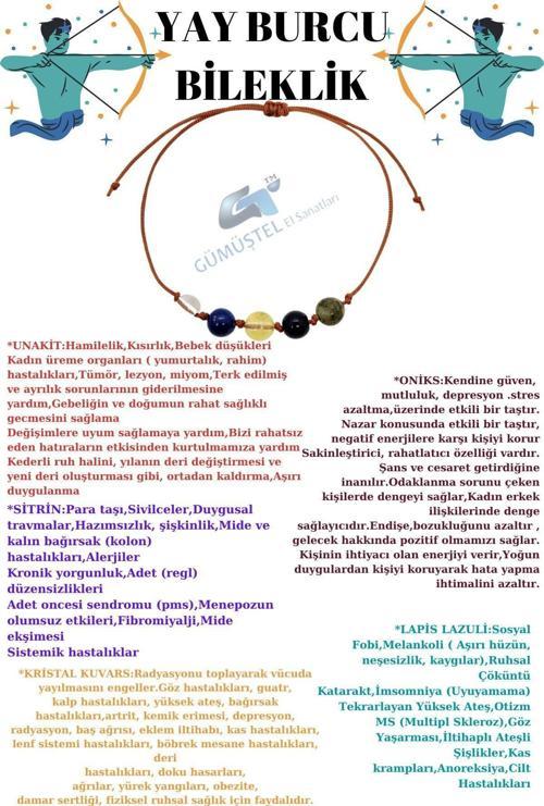 Sertifikalı Özel Tasarım Doğal Taş Yay Burcu Bileklik Unakit Oniks Sitrin Lapis Lazuli K.kuvars