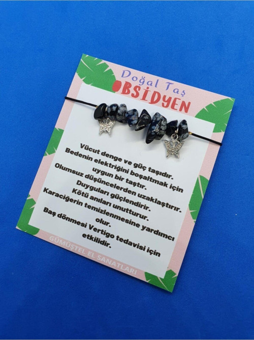 Sertifikalı Kelebek Detaylı Orijinal Doğal Taş Obsidyen Bileklik