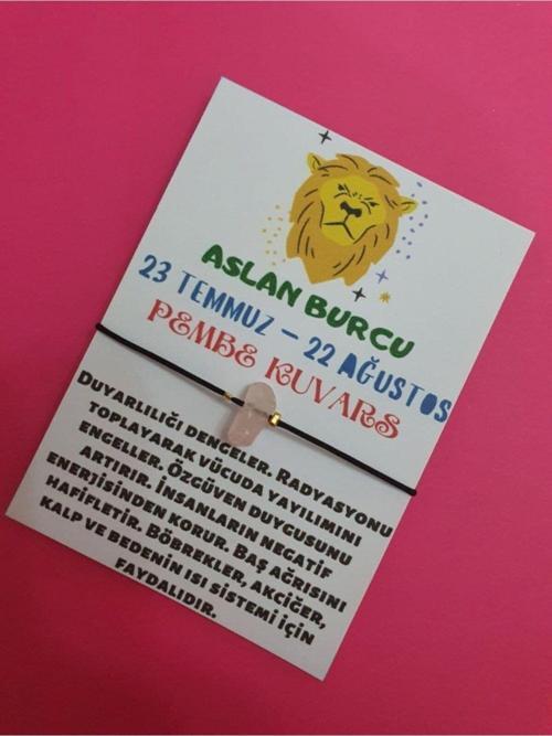 Sertifikalı Aslan Burcu Pembe Kuvars Doğal Taşlı Ip Burç Bilekliği