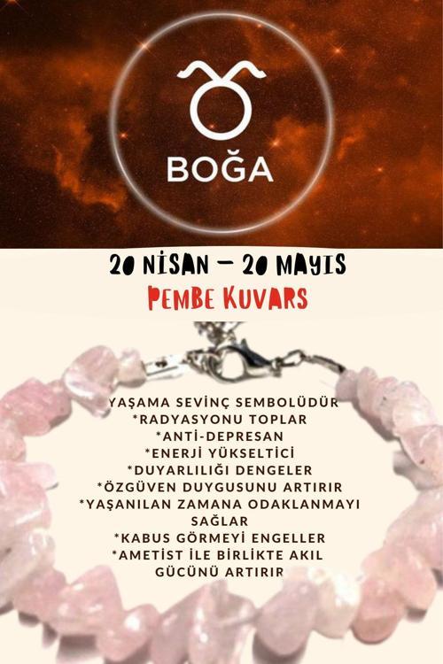Sertifikalı Burç Taşı Boğa Burcu Pembe Kuvars Taşı Bileklik