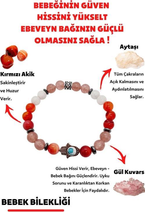 Sertifikalı Bebek Doğal Taş Unisex Tılsım Bilekliği (AYTAŞI GÜL KUVARS KIRMIZI AKİK BİLEKLİK)