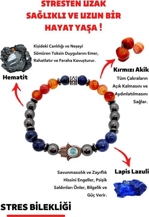 Sertifikalı Stres Doğaltaş Tılsım Bilekliği Kırmızı Akik Hematit Lapis Lazuli Doğal Taş Bileklik