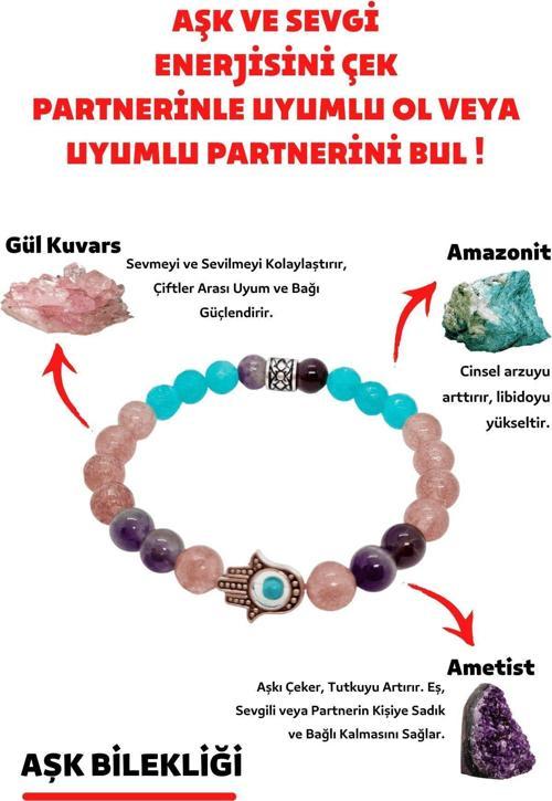 Doğal Taş Aşk, Sevgi, Çiftler Arası Uyum Bilekliği (ametist Gül Kuvars Amazonit Doğaltaş Bileklik)