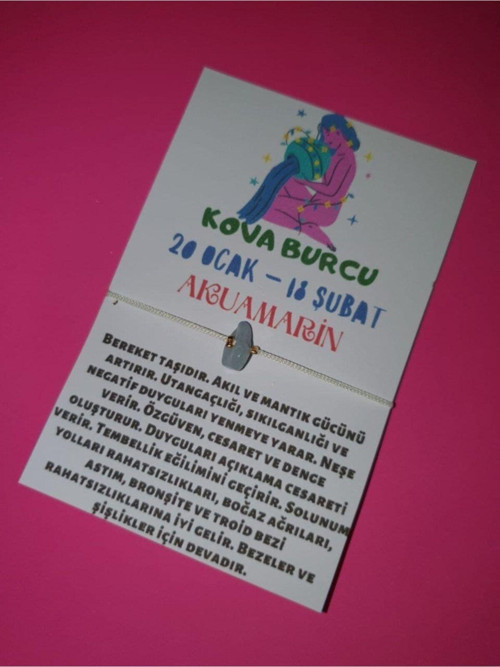 Sertifikalı Kova Burcu Akuamarin Doğal Taşlı Ip Burç Bilekliği