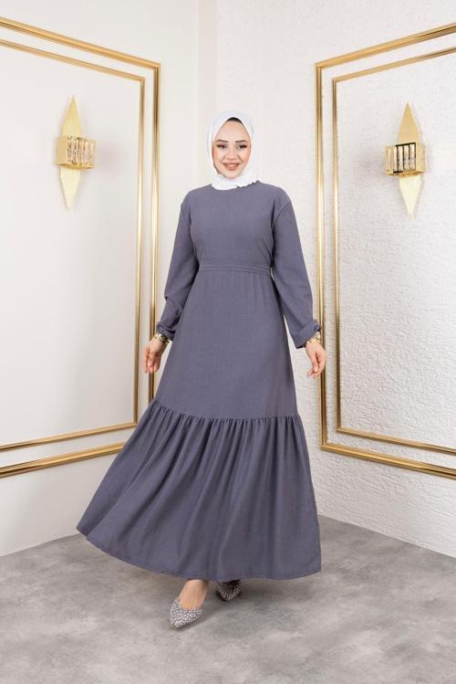 Kadın Belden Kuşaklı Ve Bisiklet Yaka Bürümcük Kumaş Elbise Lila M-L