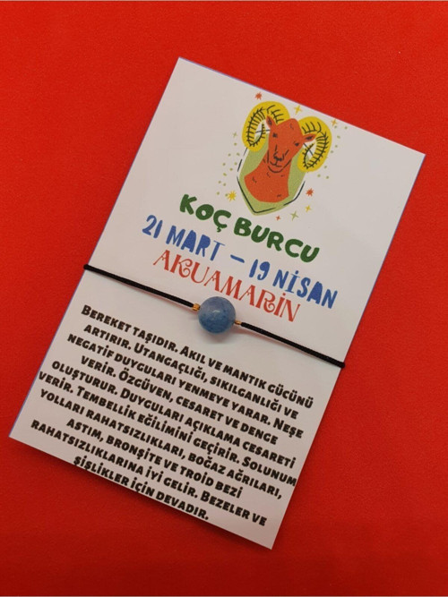 Sertifikalı Koç Burcu Akuamarin Doğal Taşlı Ip Burç Bilekliği