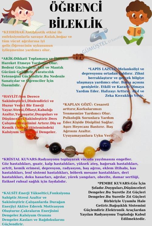 Sertifikalı Öğrenci Bileklik Kehribar,akik,havlit,k.gözü D.kuvars,kalsit,lapis Lazuli,pembe Kuvars