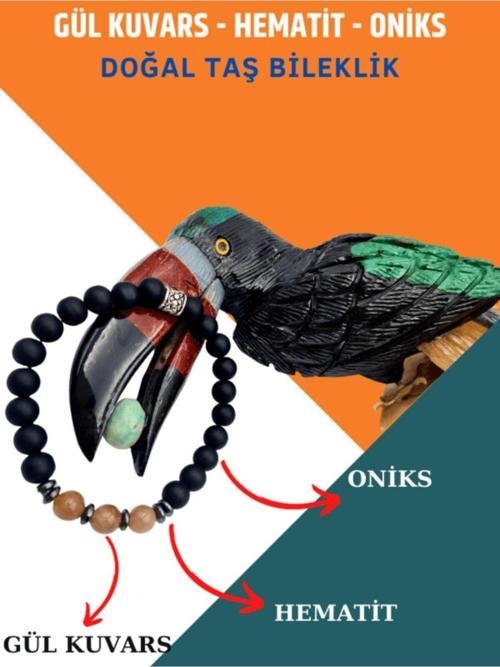 Sertifikalı Doğal Taş Gül Kuvars Hematit Oniks Taşı Bileklik