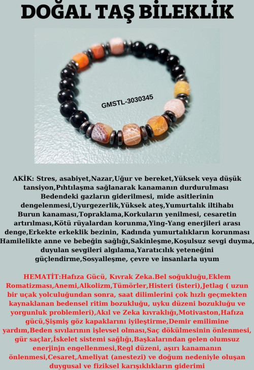 Sertifikalı Orijinal Doğal Taş Bileklik Akik Hematit Sürpriz Hediyeli
