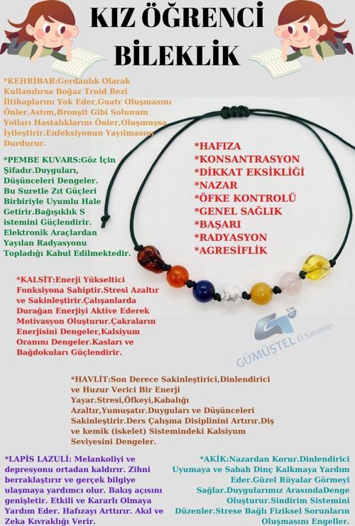 Sertifikalı Kız Öğrenci Bileklik Kehribar Pembe Kuvars Kalsit Havlit Lapis Lazuli Akik