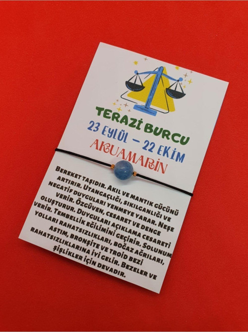 Sertifikalı Terazi Burcu Akuamarin Doğal Taş Ip Burç Bilekliği 8mm