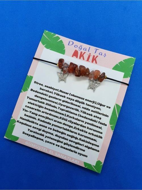 Sertifikalı Akik Doğal Taş Bileklik Kelebek Detaylı Orijinal Doğal Taş