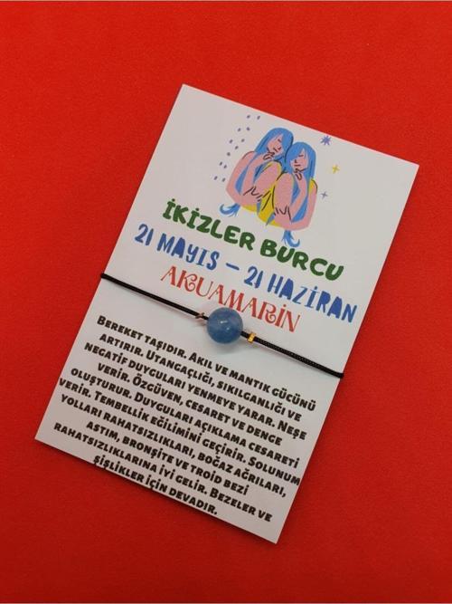 Sertifikalı Ikizler Burcu Akuamarin Doğal Taş Ip Burç Bilekliği 8mm