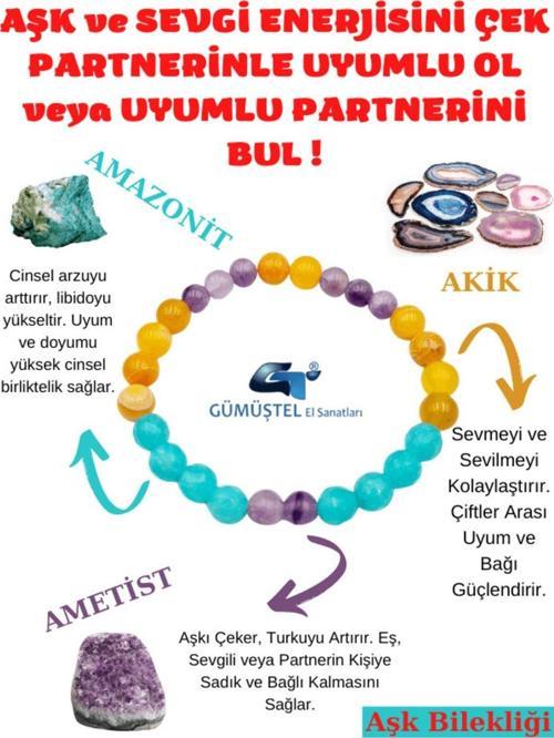 Sertifikalı Aşk,sevgi,çiftler Arası Uyum Doğal Taş Tılsım Bilekliği Amazonit, Akik Ve Ametist