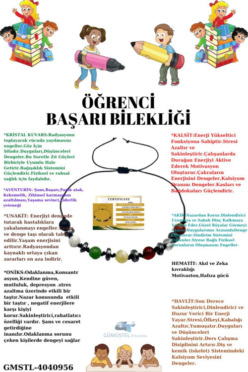 Sertifikalı Öğrenci Başarı Bileklik Oniks,Hematit,Unakit,Kristal Kuvars,Akik,Kalsit,Aventurin,Havlit