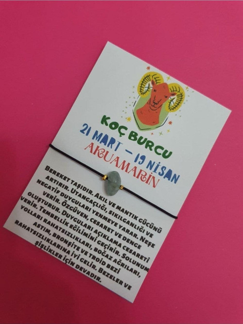Sertifikalı Koç Burcu Akuamarin Doğal Taşlı Ip Burç Bilekliği