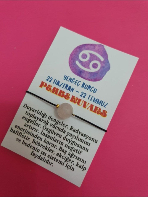 Sertifikalı Yengeç Burcu Pembe Kuvars Doğal Taş Ip Burç Bilekliği